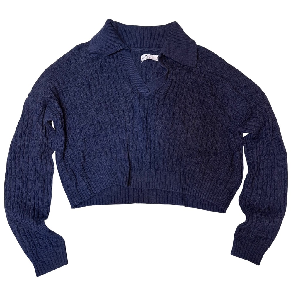 Hollister easy stitch Polo sweater navy cropped‎ prep pullover knit size medium